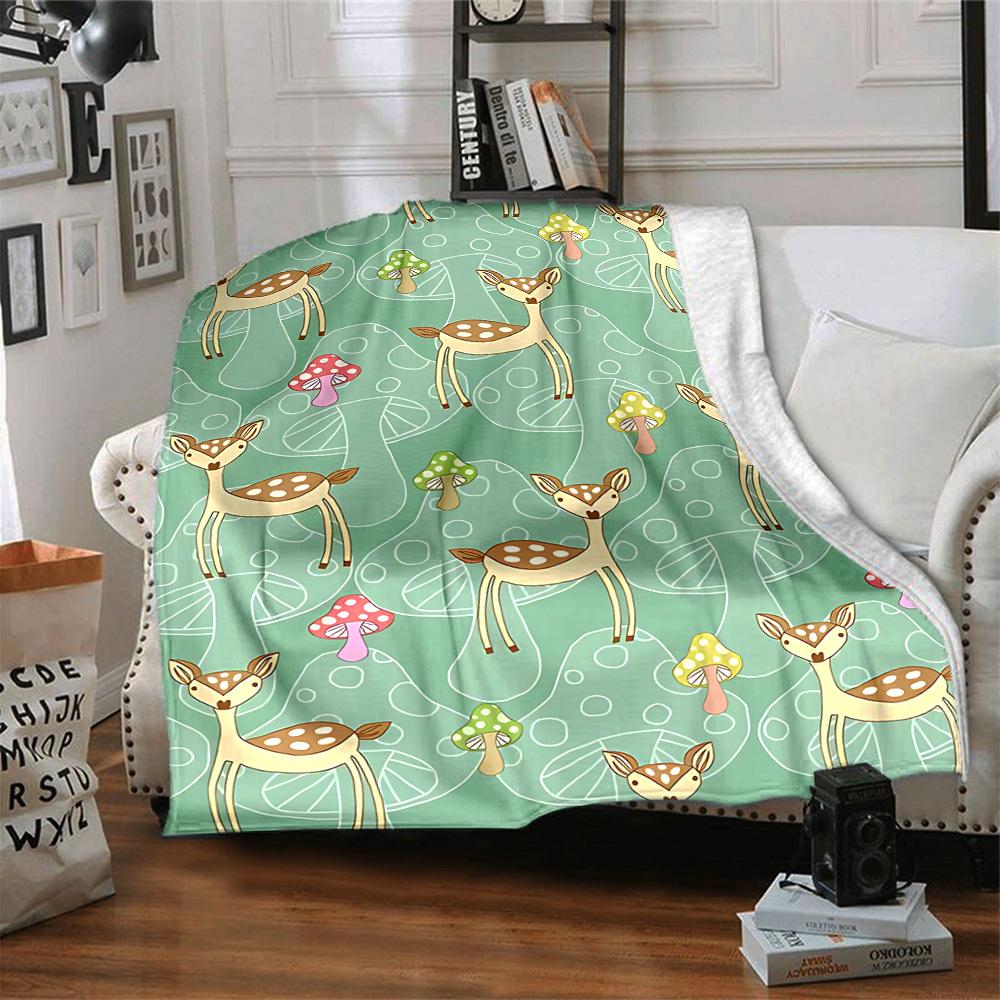 1pc Deer Mushrooms Lightweight Flannel Blanket, Comfortable and Warm Blanket, for Office and Camping Sofa Bed, Livingroom180