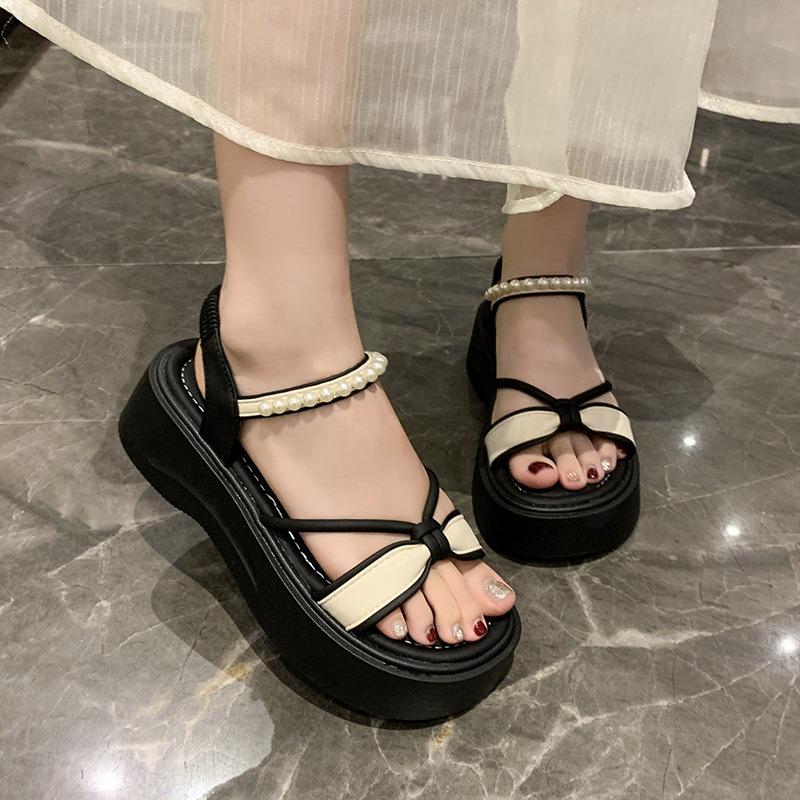 Summer New Muffin Thick-soled Beaded College Style Sandals Casual Beach Sandals Elastic Pedal