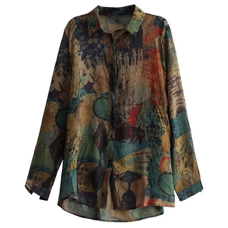 Women Vintage Print Cotton Linen Button Up Shirt Spring Autumn Fashion Lapel Long Sleeve Blouse Loose Tops