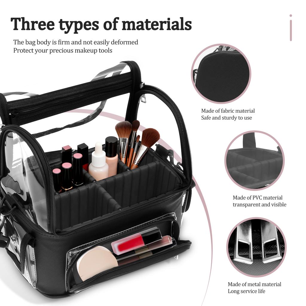 Makeup Bag PVC Transparent Makeup Brush Travel Case with Adjustable Strap & Dividers Large Capacity Portable Travel Cosmetic Bag