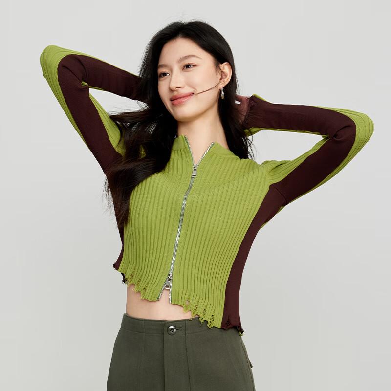 JOY SPEAKER Slim Fit Color-block Zip-Up Knit Cardigan