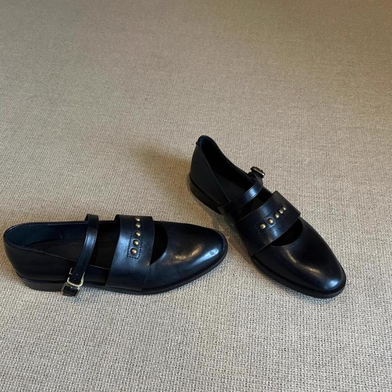 Cowhide Version~ Genuine Leather Retro Rivet Mary Jane Single Shoes Women's One-word Loafers with Round Head British Style Small Leather Shoes