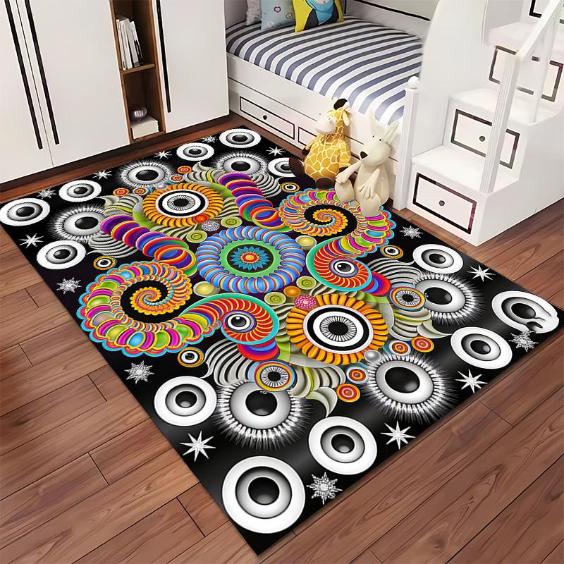 Colorful Spiral Pattern Black Carpet with Abstract Circular Design Suitable for use as an anti-slip for living room bedroom sofas