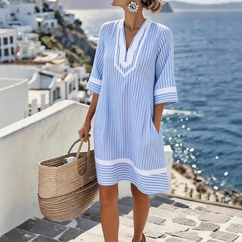 2026 summer European and American new loose printing V-neck women's casual vacation dress