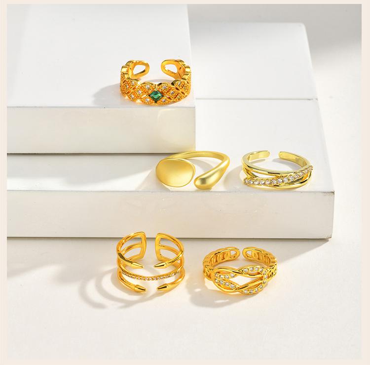 Stainless Steel Adjustable Ring for Women, 18K Gold Plated Emerald Zircon Open Cuff Band Waterproof Tarnish Free Jewelry