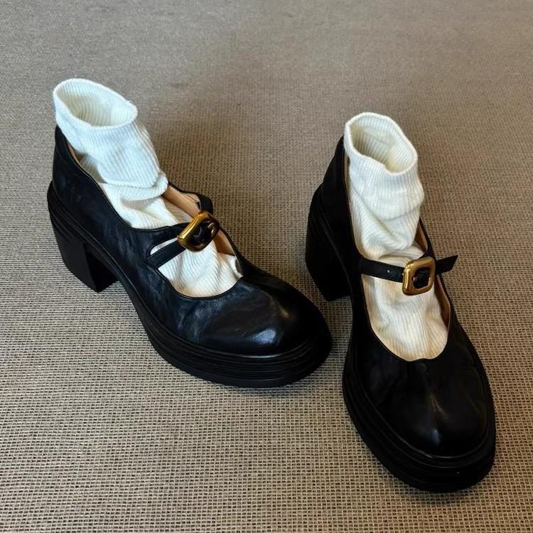 

Retro round head Mary Jane shoes, new shallow mouth one-word buckle thick heel shoes 40 чёрный