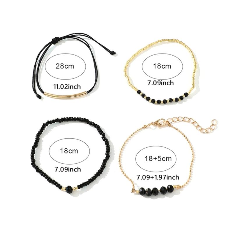 Elegant Black Crystal Imitation Bead Bracelet Set for Women Adjustable Length Handchain Fashion Jewelry Accessories