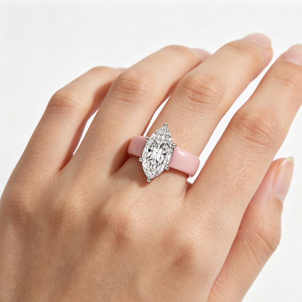Pink Silicone CZ Ring for Women, Marquise Cut Cubic Zirconia with White Gold Prongs, Daily Wear Casual Fashion Jewelry Gift