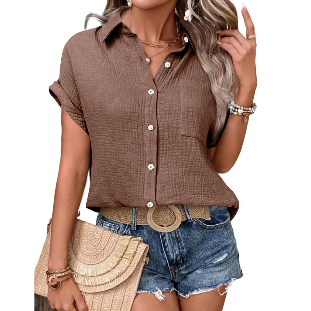 Womens Button Down Shirts Short Sleeve Casual Collared Shirt Loose Blouses Solid Color Tops With Pocket