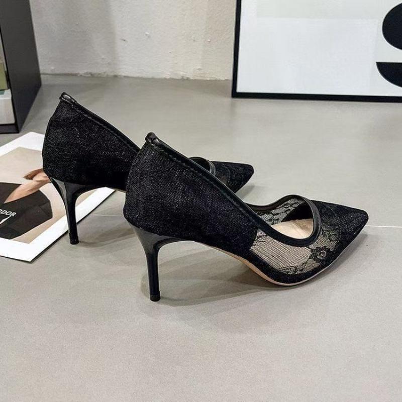 Sexy fashion temperament versatile high heels women's new summer breathable lace mesh women's shoes pointed single shoes