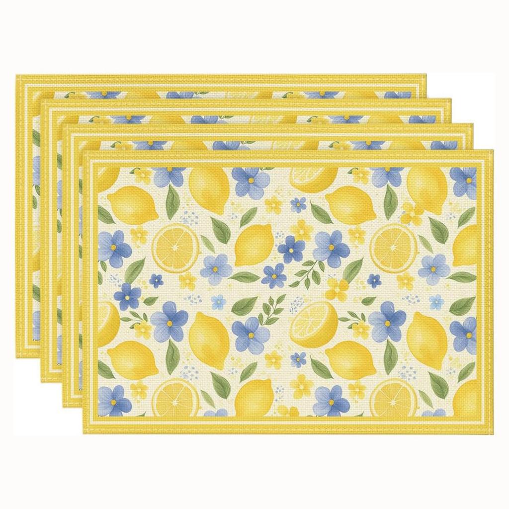 4-Piece Summer Lemon Print Linen Placemat and Napkin Set, Heat and Stain for Kitchen Dining, 430cm
