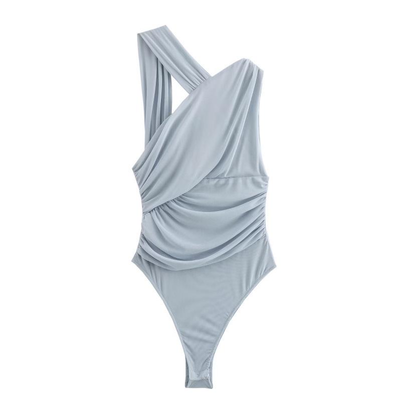 

Асимметричное плиссированное боди из шелковой сетки для женщин - Летний европейский и американский стиль Large