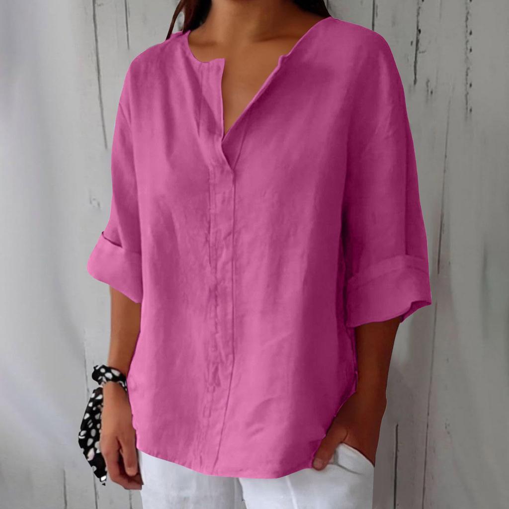 Women's Fashionable Loose-Fit V-Neck T-Shirt Cotton-Linen Blend Casual Top