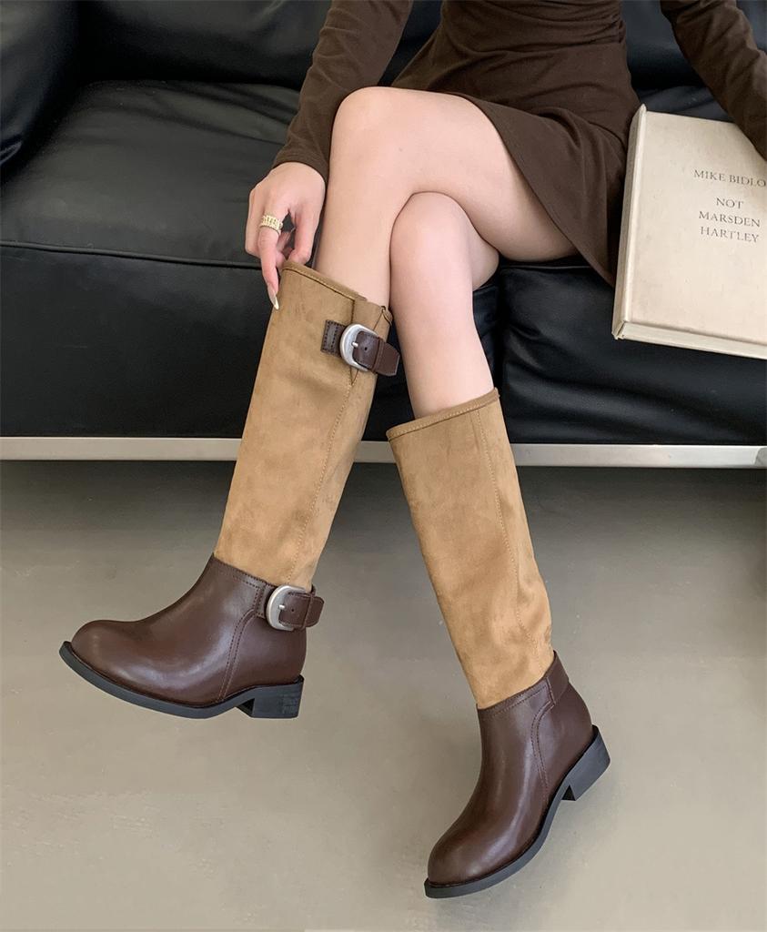 2025 new versatile fashion boots women's retro suede splicing round head knight boots belt buckle thick heel boots