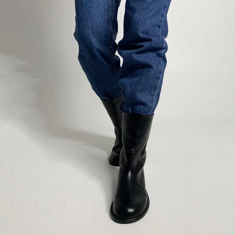 Sheepskin Version~ Korean Version of Niche Retro Round Head Medium Boots Women's Leather Knight Boots Big Head Martin Boots Low Heel Sleeve