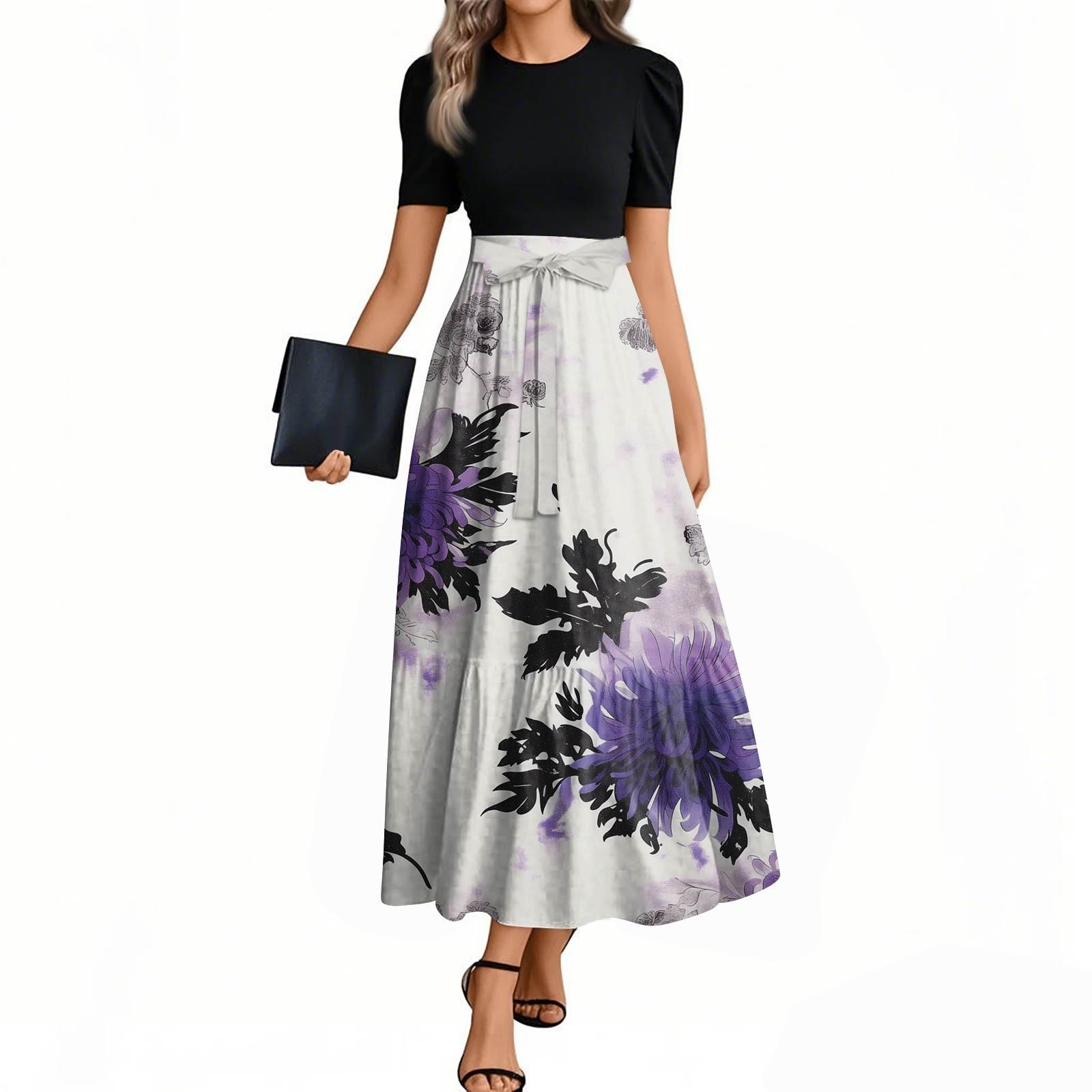 

Женская мода повседневная пояс с коротким рукавом круглый вырез винтажные цветочные сращивания элегантные темпераментные платья XXL фиолетовый