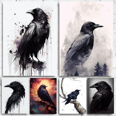 Schwarze Krähe Leinwandposter Aquarell Rabe Tier Vogel Wandkunst Bild für Wohnzimmer Schlafzimmer Bar Club Moderne Heimdekoration Geschenk