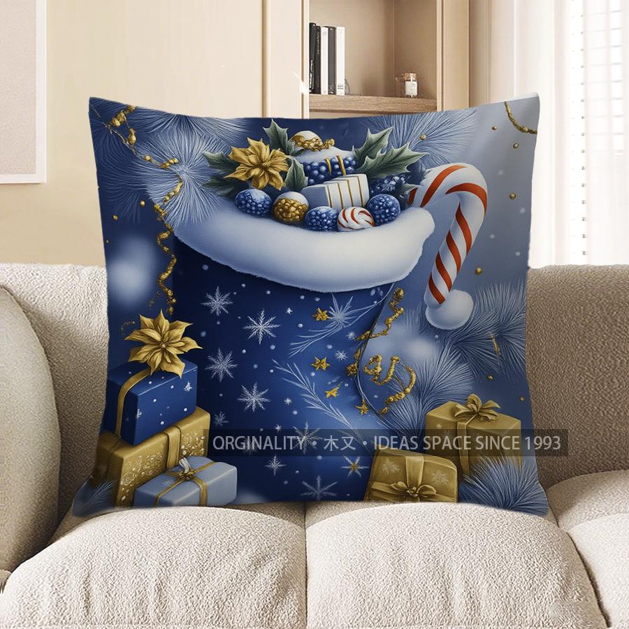 

Home Decor Blue Roses & Santa Claus Pattern Pillow Cover Pattern Cushion Cover Suitable For Sofa Bedroom Car Pillow Cover 40x40cm