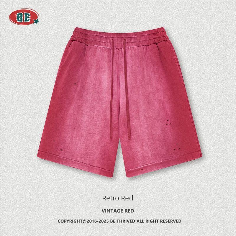 

American Street Style Fog Washed Distressed Sports Shorts for Men and Women 2025 Summer Trendy Brand Loose Ripped Five-Point Mid-Length Shorts Retro Red XL