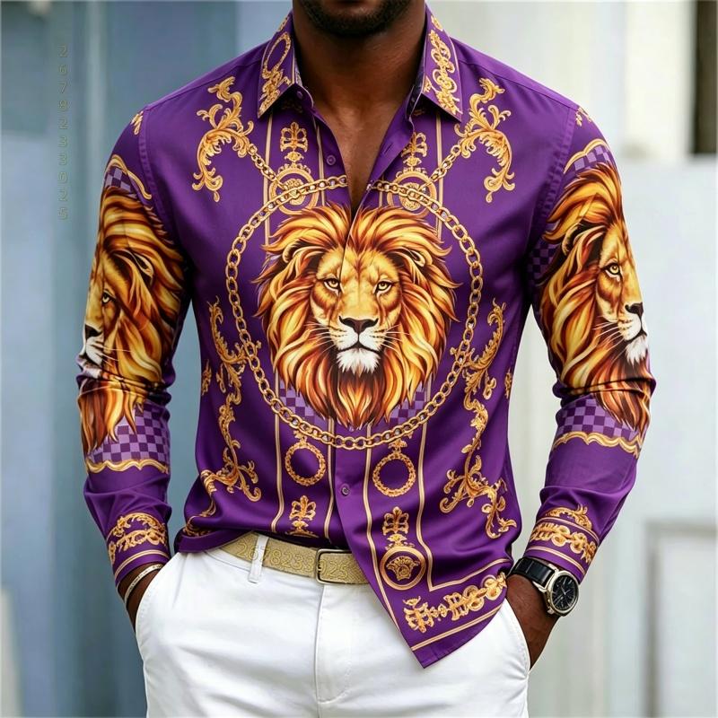 Men's shirt street style animal print shirt white base gilded chain men's slim fit trendy long sleeved business casual shirt