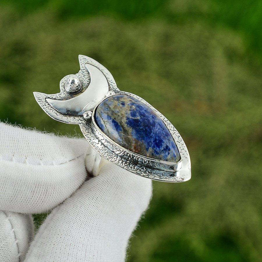 Sisters Day Sale 925 Silver Sodalite Stone Crescent Moon Statement Ring Jewelry Adjustable