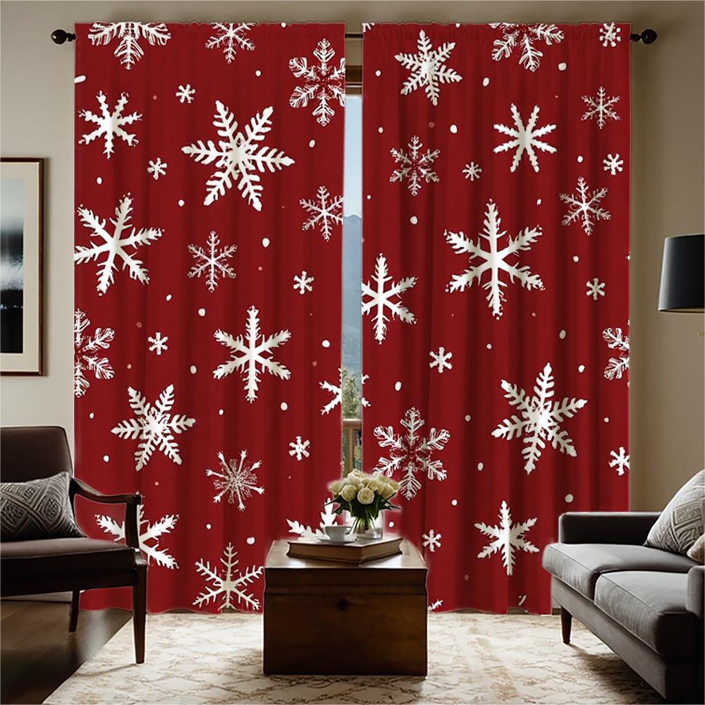 2-piece set of high-definition digital printed curtainred background with white snowflakes curtain rod pocket styleHome decorati