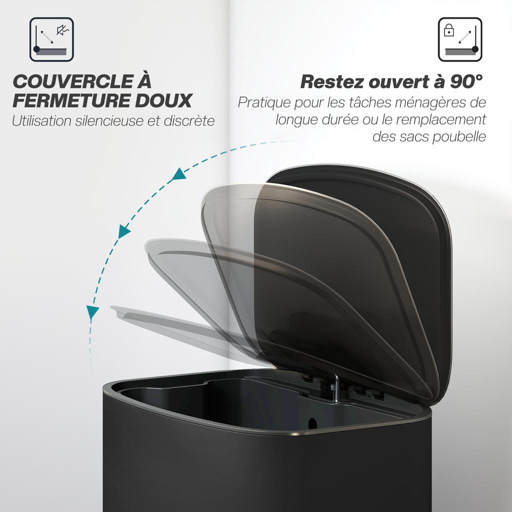 Kitchen Bin, 50 L, Pedal, Removable Inner Bucket, Soft-Close Lid, 45.1 x 36.5 x 62.6 cm, Black