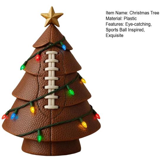 Sports Ball Inspired Christmas Tree Figurine Handcrafted Faux Leather Tree Shaped Tabletop Decoration with Golden Star Topper for Holiday Home Decor