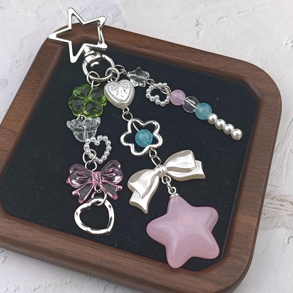 Sweet Pastel Bag Charm Hollow Star Clasp Pink Blue Beads Bow Transparent Star Cherry Blossom Pendant Cute Girl Handbag Decor
