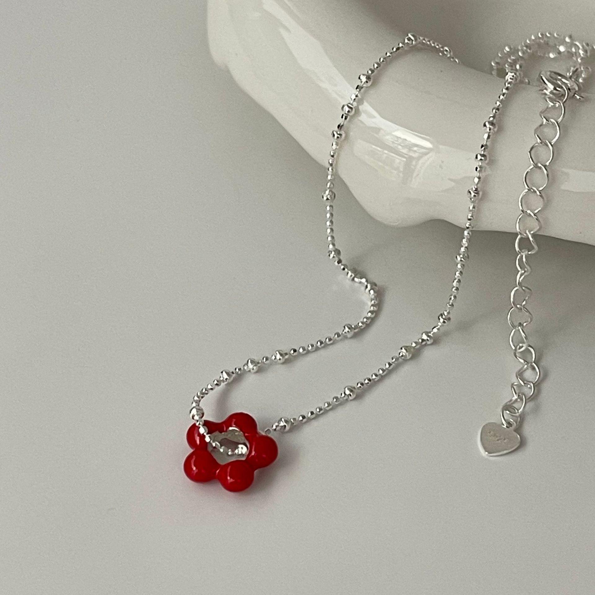 Su Chuang S925 Sterling Silver Pink & Red Flower Epoxy Necklace - Exquisite Light Luxury 925 Silver