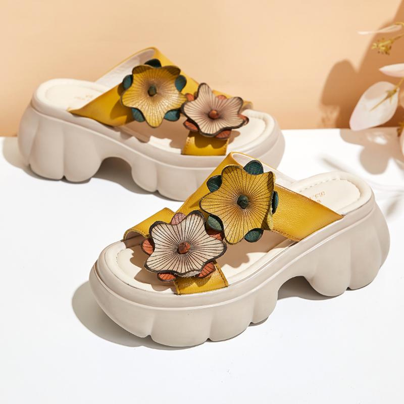 GKTINOO Genuine Leather Sandals Floral Women Slippers Summer Shoes Platform Outside Slides Thick Soles Leisure Ladies Slippers