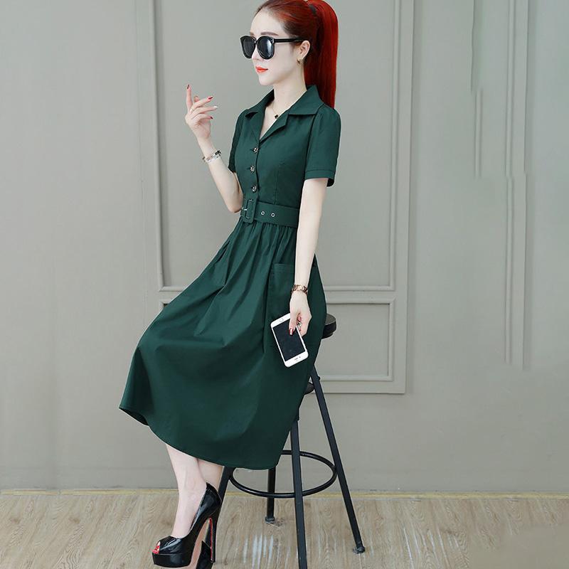 Dress Femininity Waist Fairy Skirt Short-sleeved Mid-length Skirt Casual Skirt Stand-up Collar Short-sleeved Mid-length Skirt