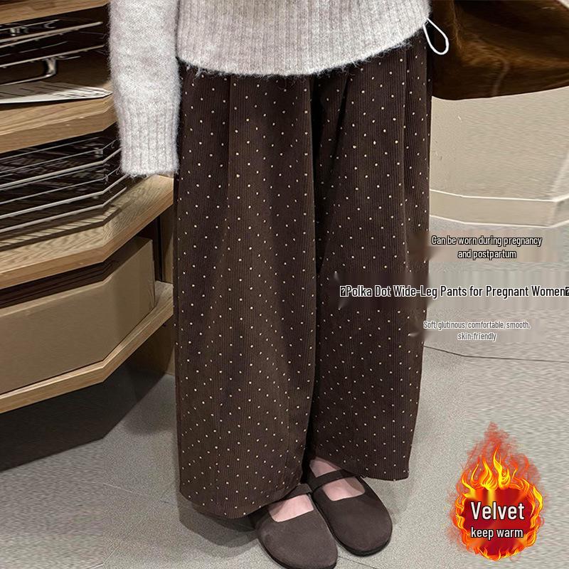 

High-Waisted Polka Dot Corduroy Wide-Leg Maternity Pants, Velvet-Thickened for Slimming Plus-Size, Autumn/Winter Style M