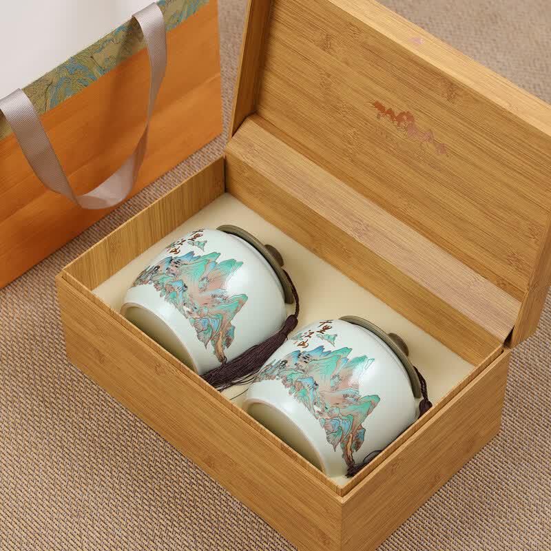 Chinese Landscape Ceramic Tea Caddy Gift Set