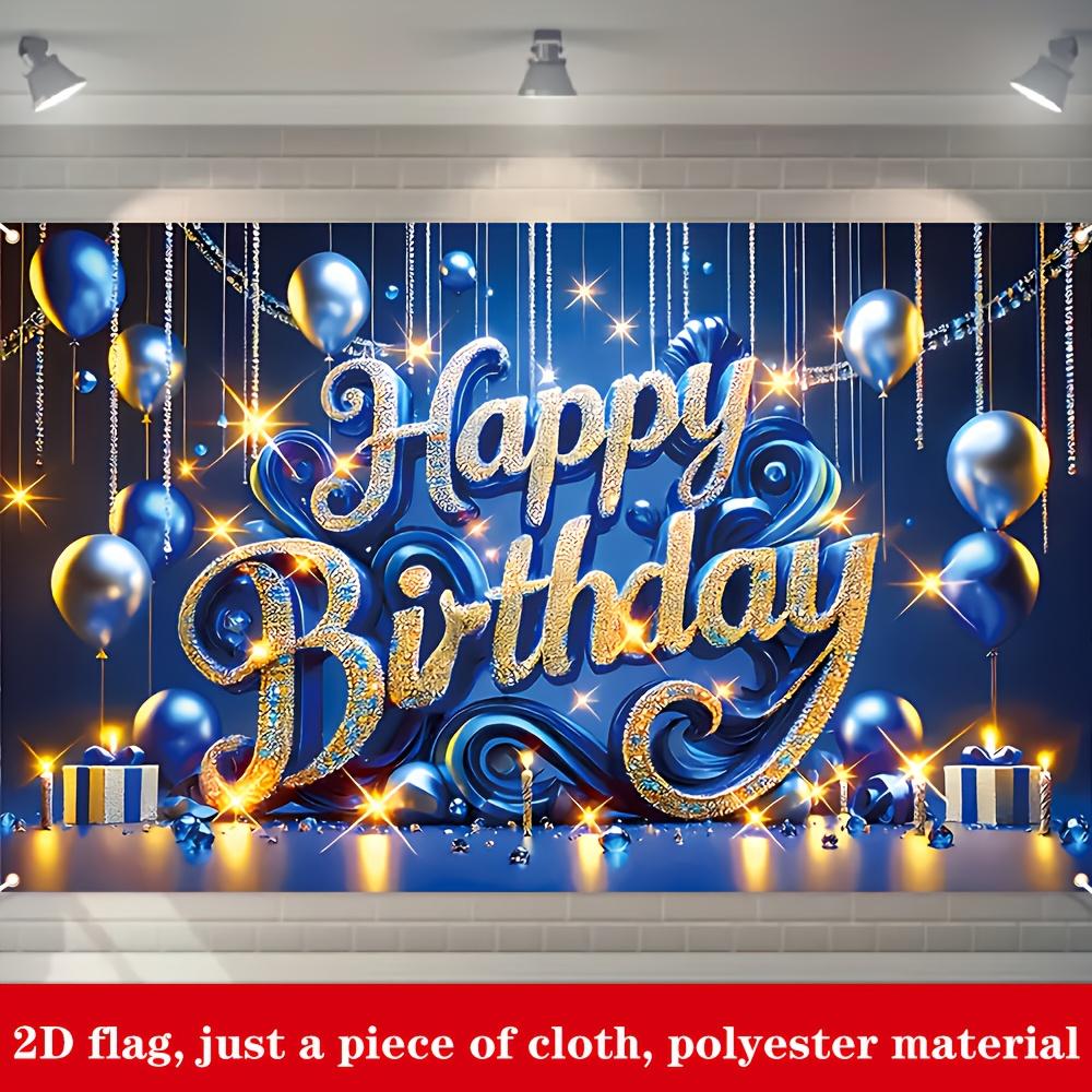 2D1 piece of blue and gold birthday banner for party decoration with the words "Happy Birthday" on it