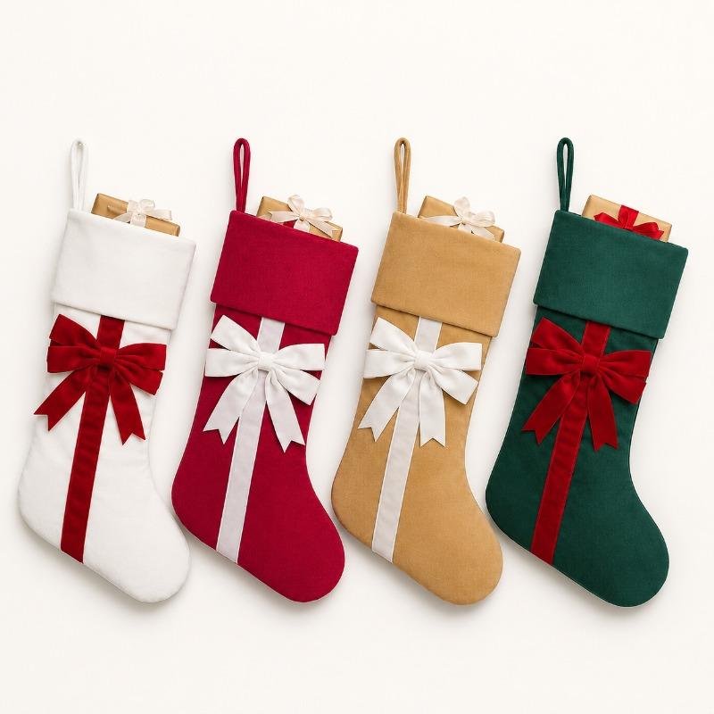 Christmas Stockings Velvet Bow Fireplace Socks Red Green Beige Four-color Christmas Tree Decoration Gift Bag Holiday Fabric