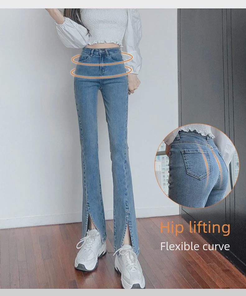 Blugi evazați de vară retro slim fit cu tiv despicat pentru femei