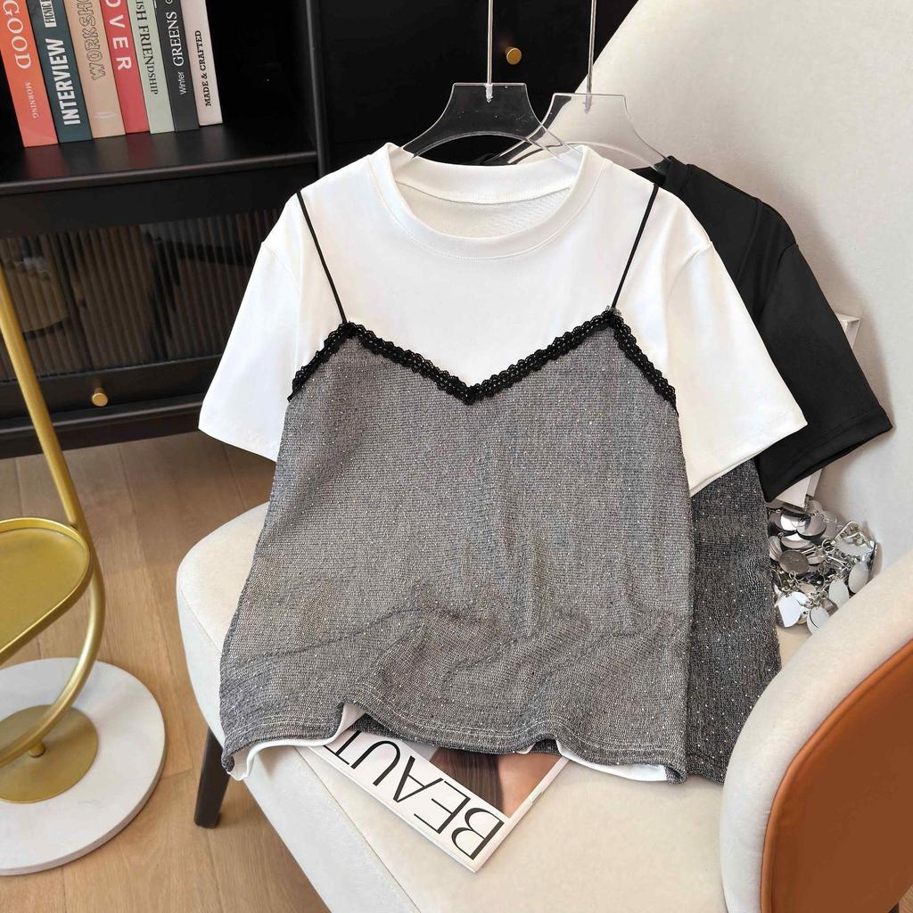 2026 Summer Women's Casual Sequin Patchwork Round Neck T-shirt