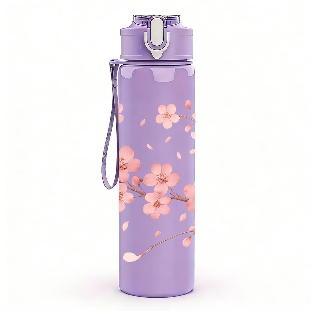 1PC Cherry Blossom Floral 750ml Color Plastic Sports Water Bottle Leakproof Flip Straw Lid For Sports Office Home Use