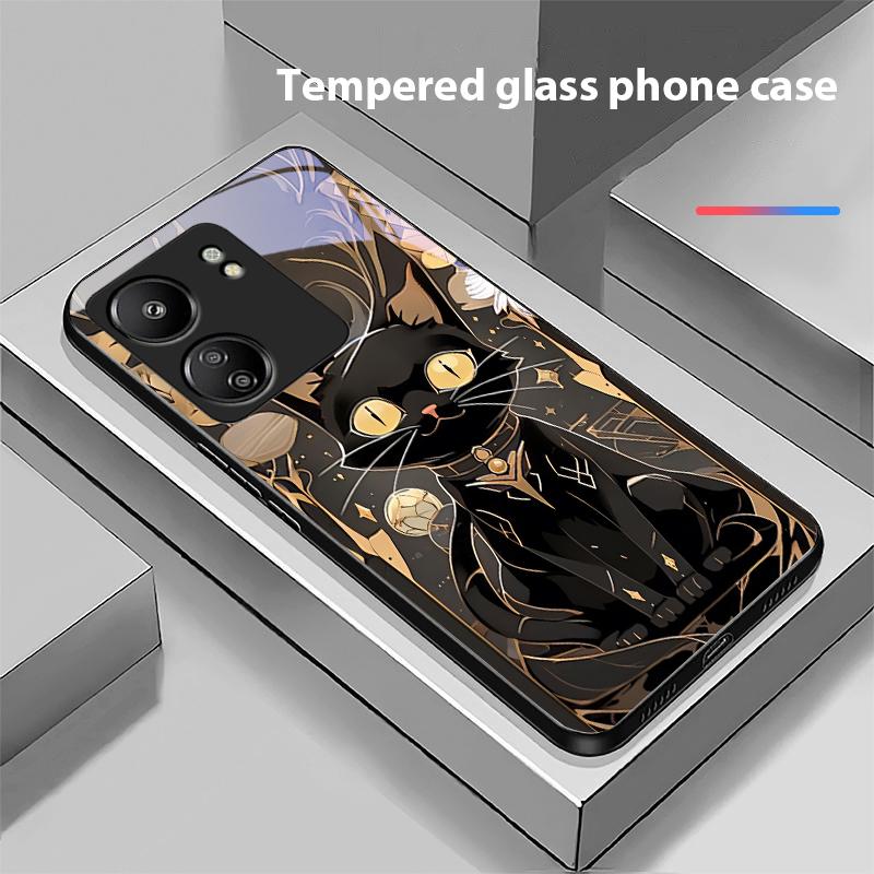 Schwarzes Gold Katze Für Xiaomi Redmi 13C Note13 12 Pro Plus 5G Note 9 13T Pro POCO X6 F5 F6 Schwarze Hartglas Handyhülle