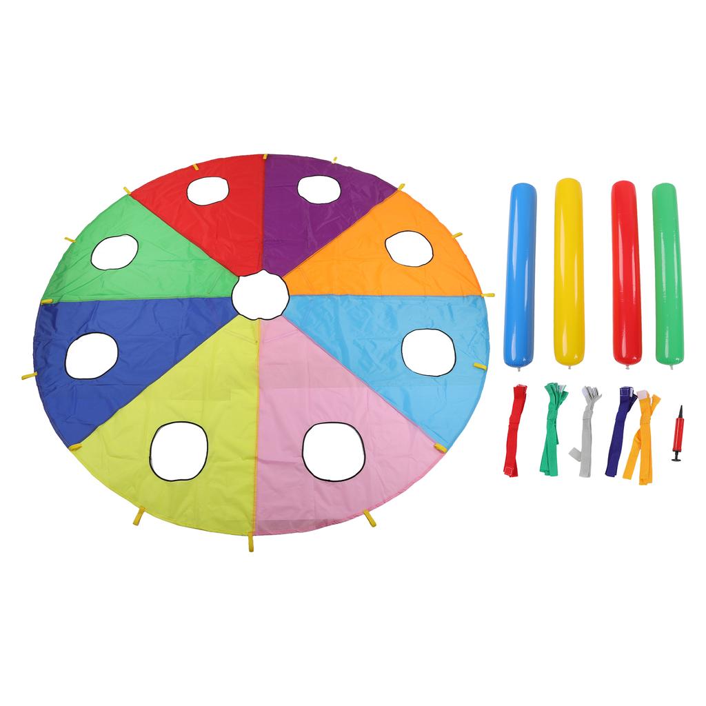 Kids Outdoor Mole Pounding Game Set Round Shape 4 Inflatable Rods Umbrella Parachute with 9 Holes