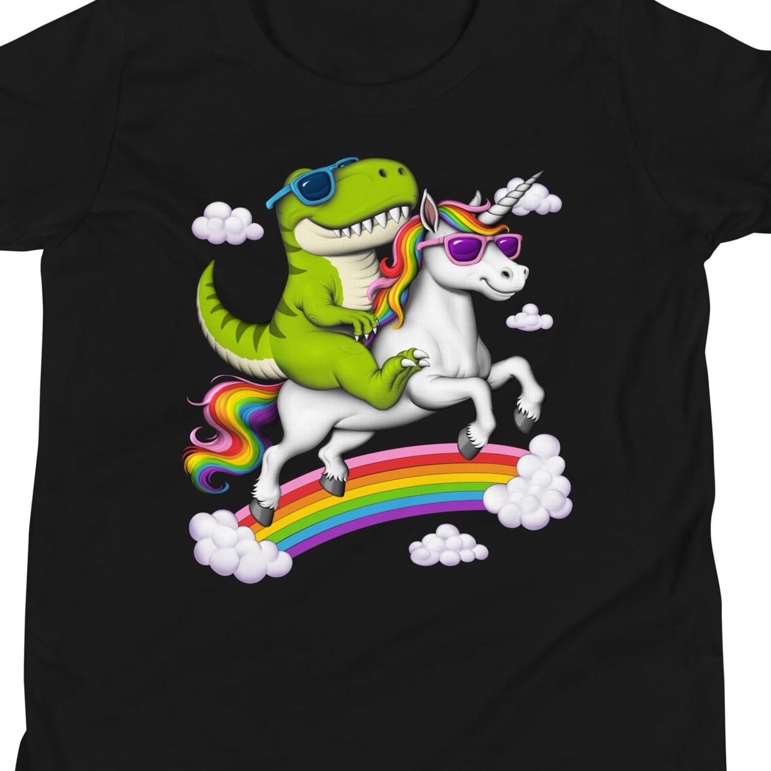 T-Rex Dinosaur Riding Unicorn T-Shirt, Kids Rainbow Tee 130