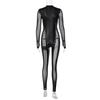 European and American Cosplay Party Women's Clothing Nightclub Models, Splicing Mesh See-through Long-sleeved Sexy Tight Black Onesie