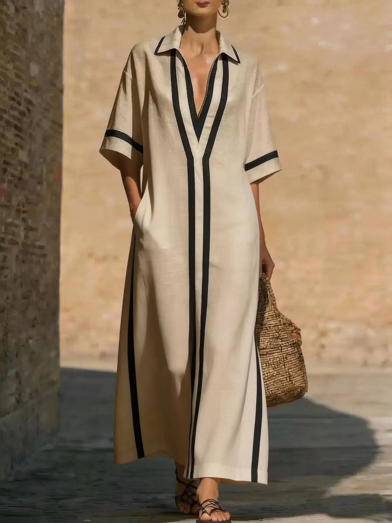 Spring and summer new lapel elegant commuter long vacation casual women s dress S абрикосовый