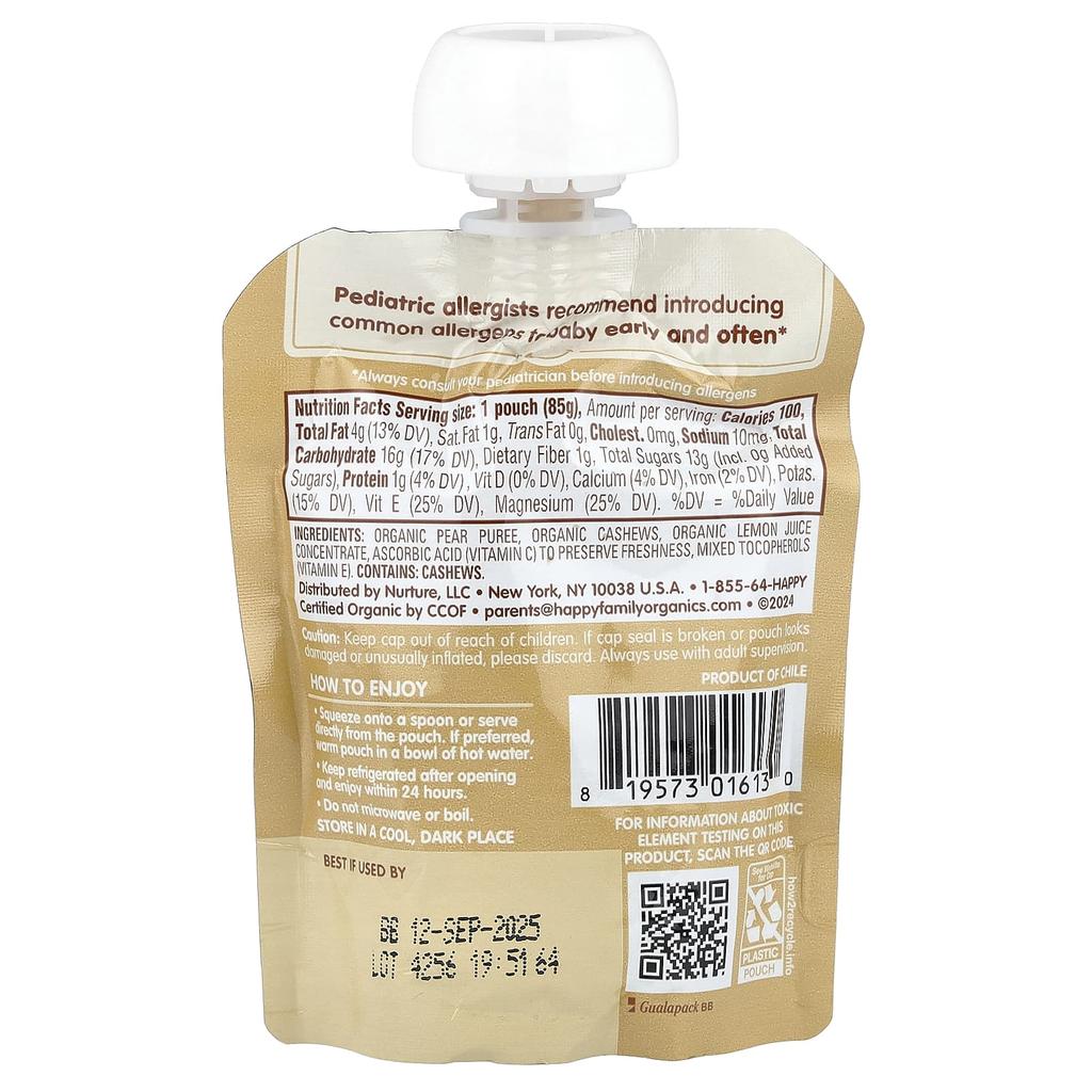 Happy Family Organics, Happy Baby®, Nutty Blends™, 6+ Months, Organic Pear and Cashew Butter, 3 oz (85 g)