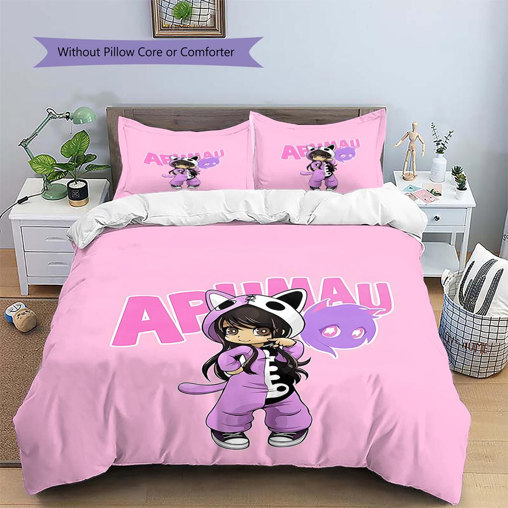 Ropa de cama con patrón Aphmau, juego de edredón, funda de almohada, decoración del hogar, regalo de cumpleaños (1 * funda nórdica + 2 * fundas de almohada, sin núcleo)