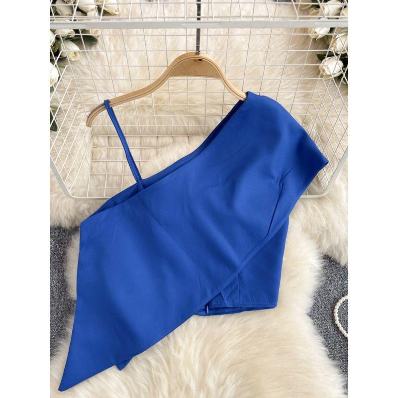 Sweet and Spicy Small Top Women's Stylish One-Shoulder Cold-Shoulder Single-Side Sling Silm Short Crop Top Versatile Holiday Small Shirt Fashion