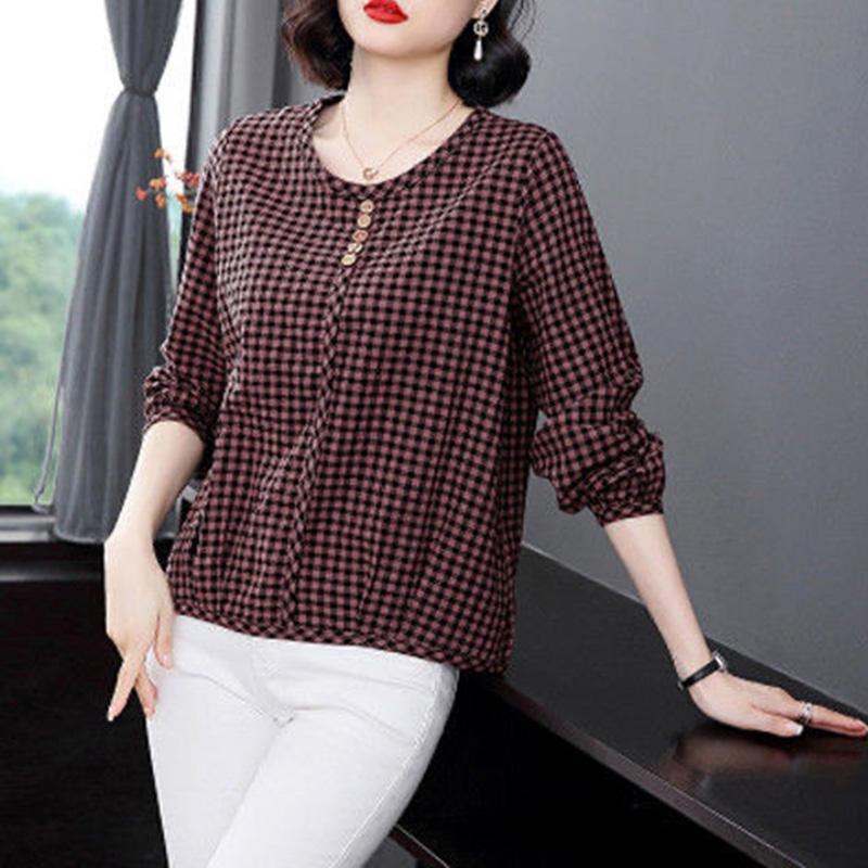 Baumwoll-T-Shirt Große Größen Langarm-Oberteil Damen Bequemes, weiches Hemd Lockeres Kariertes Hemd Lässiges Alltagsoberteil
