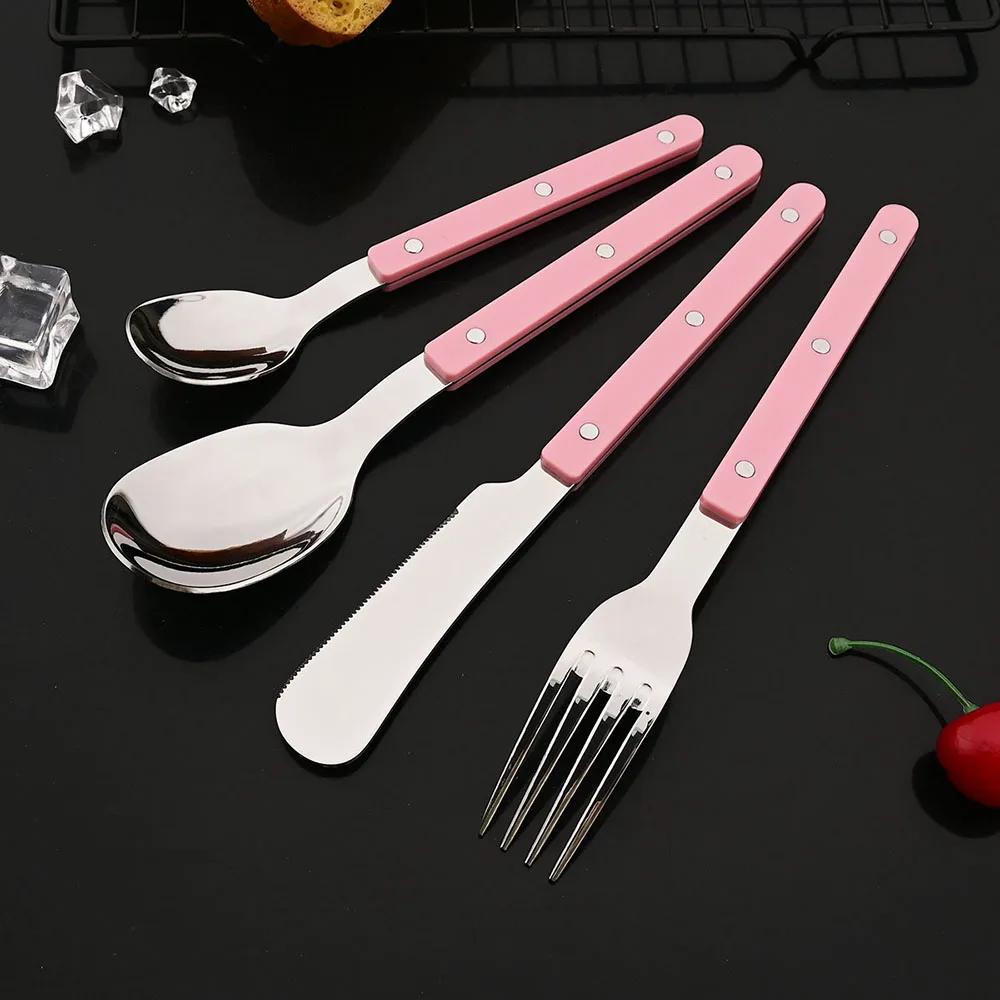 4Pcs Black Silver Acrylic Handle Dinnerware Knife Fork Spoon Set Stainless Steels Cutlery Set Western Home Kitchen Flatware