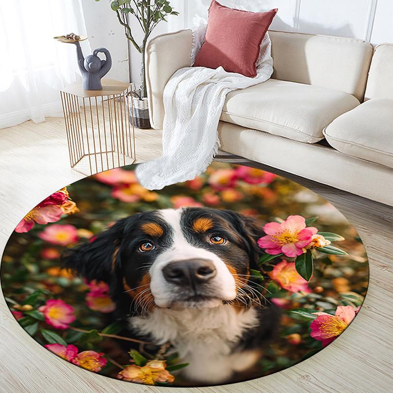 Bernese Mountain Dog Round Area Rug,Carpet Rug for Living Room Bedroom Sofa Playroom Decor,Non-slip Floor Mat